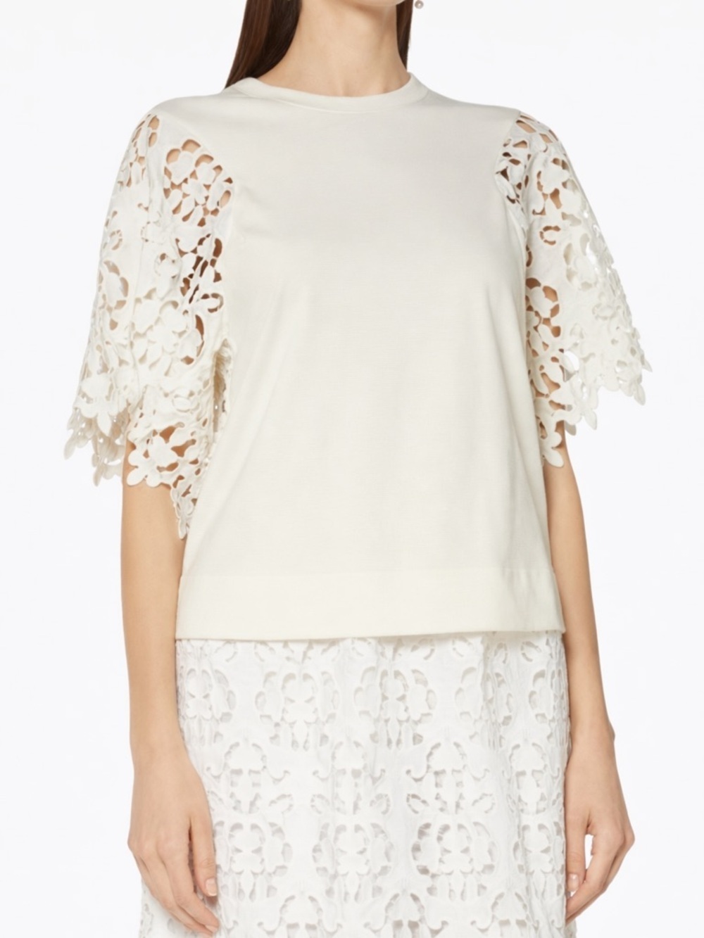 See By Chloe Ivory Lace Flutter Sleeve Crewneck Top